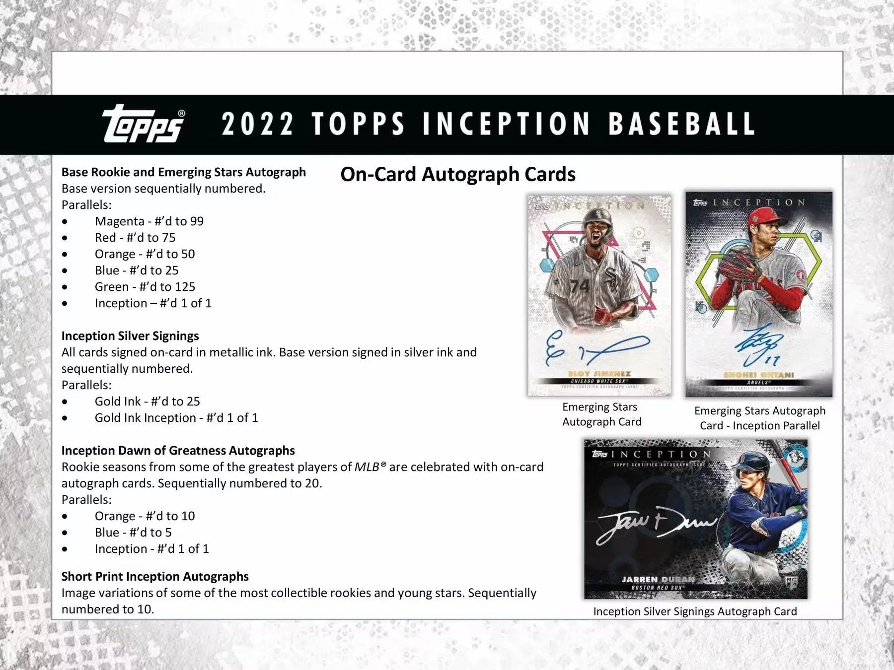 Product information sheet for 2022 Topps Inception Baseball autographs and player autographs