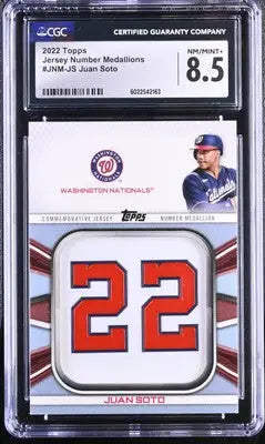Graded Juan Soto jersey number medallion card from 2022 Topps Juan Soto series