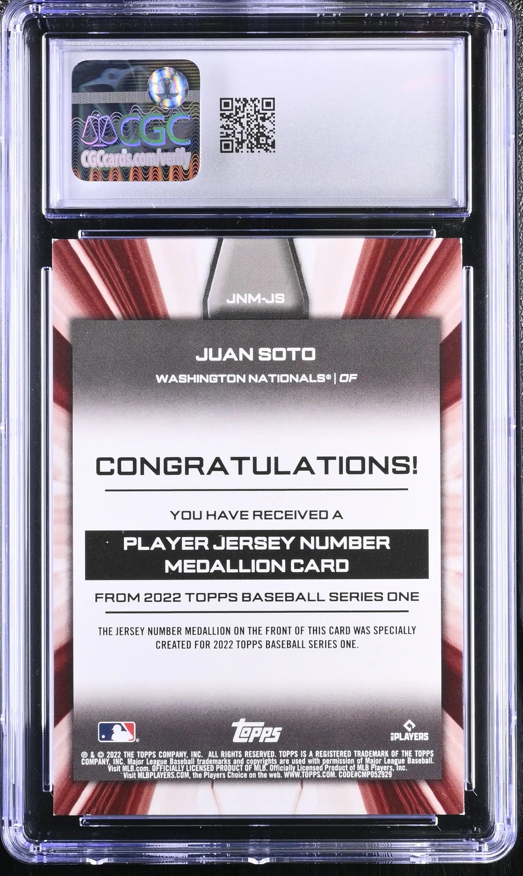 Graded 2022 Topps Juan Soto Jersey Number Medallions Baseball CGC 8.5 collectible card
