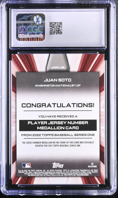 Graded 2022 Topps Juan Soto Jersey Number Medallions Baseball CGC 8.5 collectible card