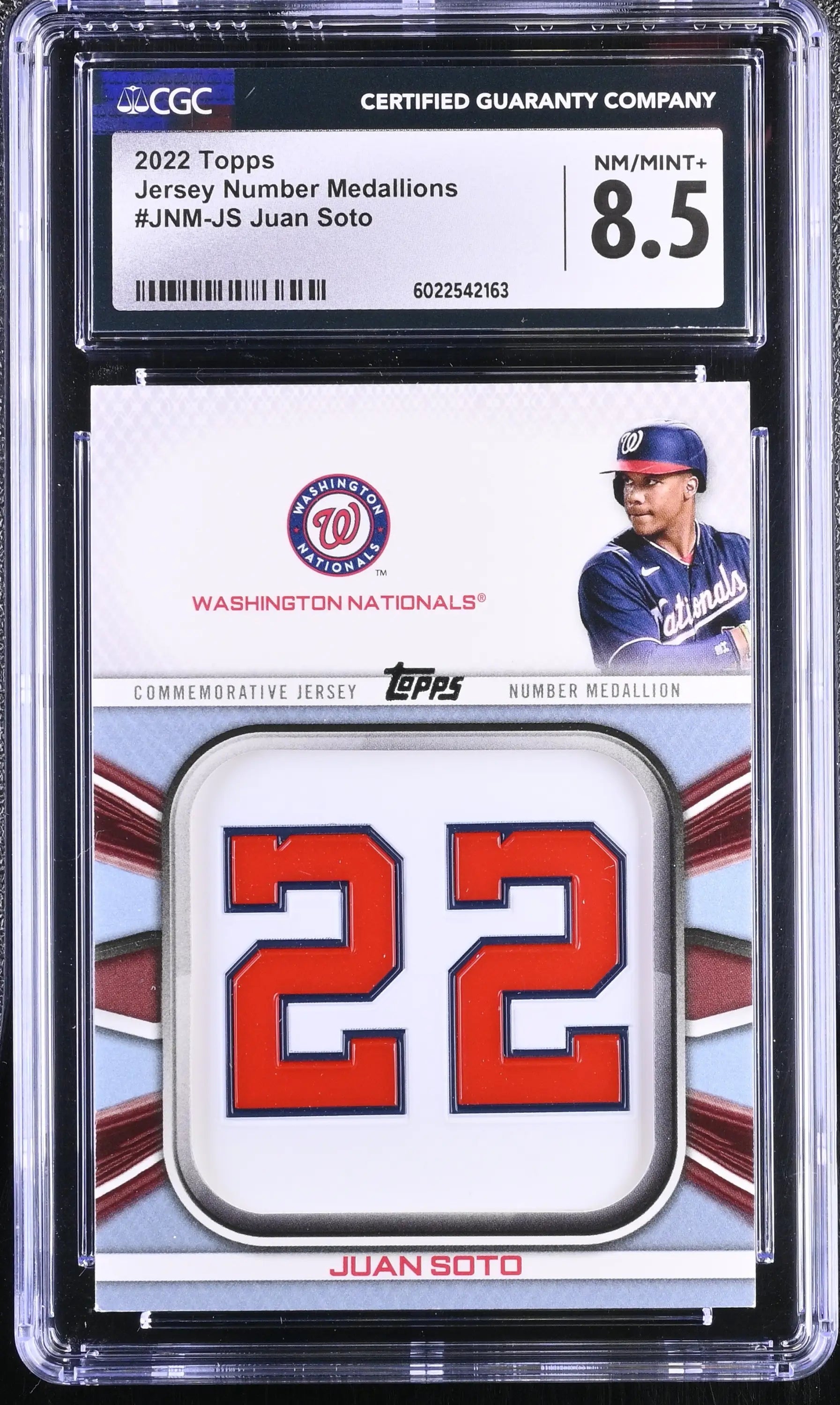 Graded Topps Juan Soto Jersey Number Medallions card featuring CGC 8.5 rating