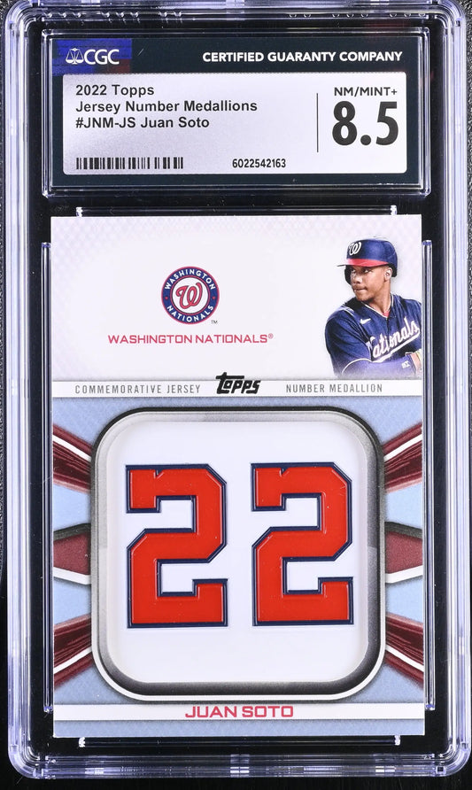 Graded Topps Juan Soto Jersey Number Medallions card featuring CGC 8.5 rating