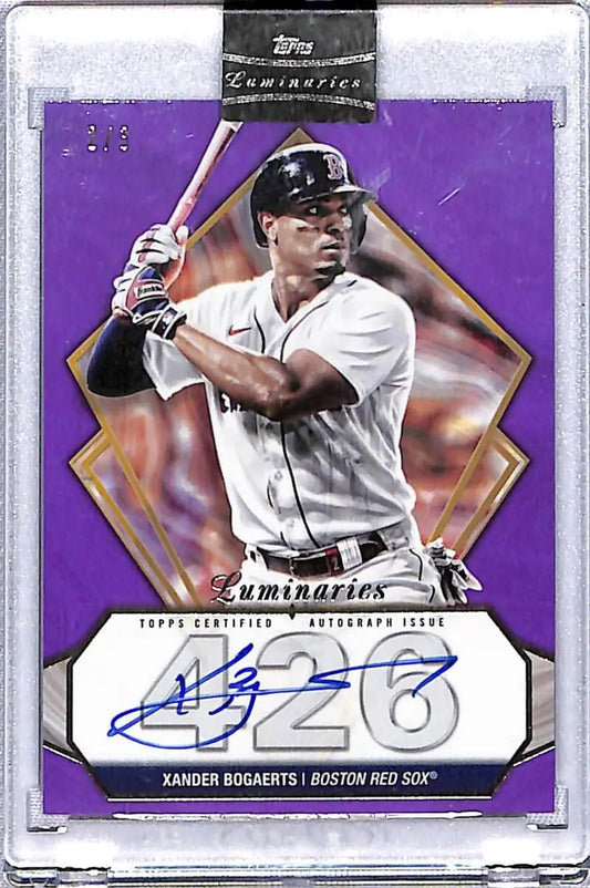 Purple-bordered autographed Xander Bogaerts baseball card for Boston Red Sox fans
