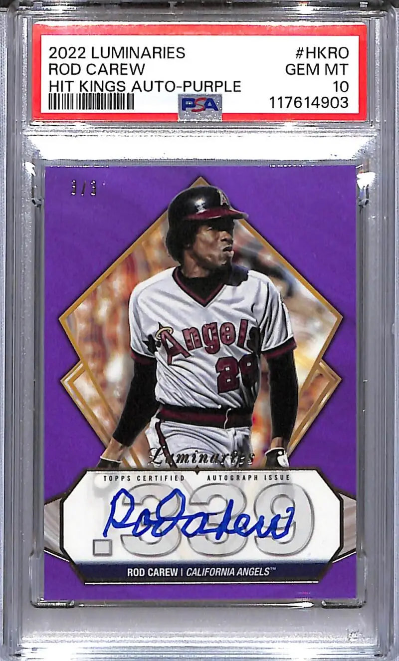 Autographed Rod Carew Hit Kings purple baseball card PSA 10 GEM MINT from 2022 Topps Luminaries