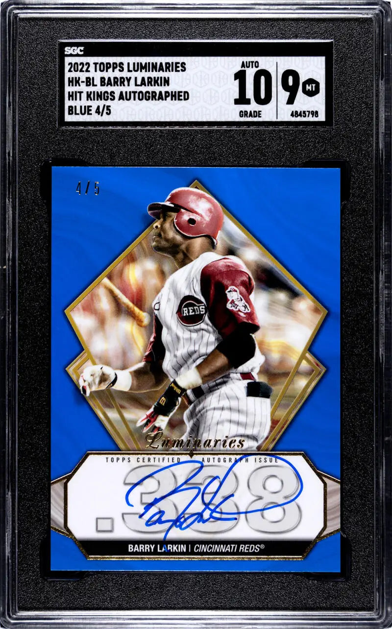 Autographed Barry Larkin Cincinnati Reds baseball trading card in protective case