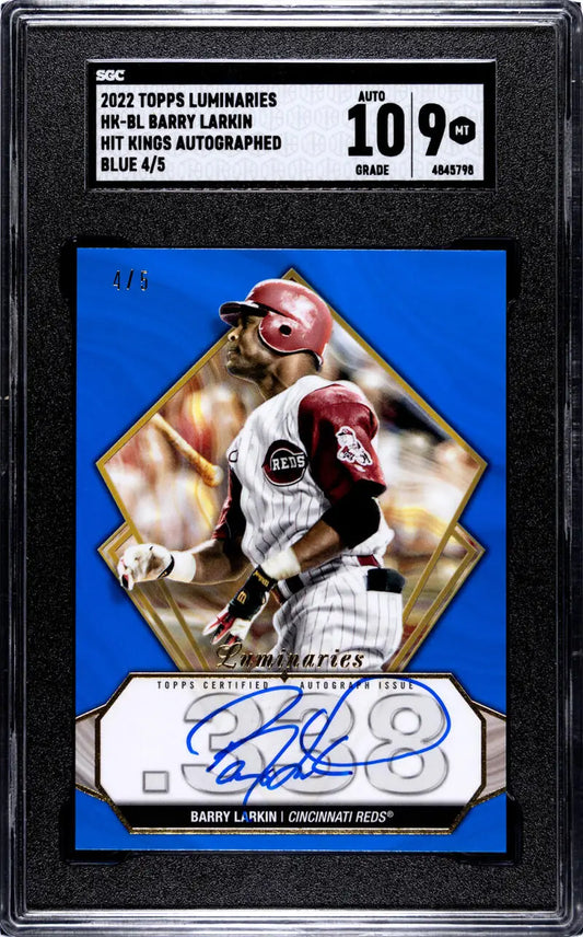Autographed Barry Larkin Cincinnati Reds baseball trading card in protective case