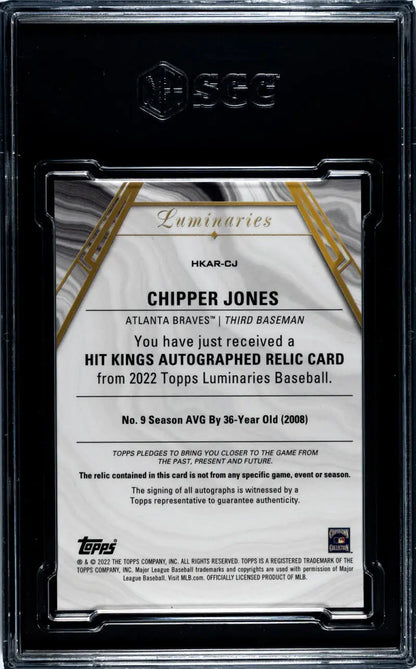 Back of a Chipper Jones autographed relic card from 2022 Topps Luminaries Atlanta Braves