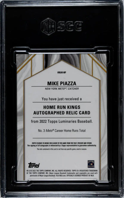 Baseball card of Mike Piazza autographed relic in protective case, New York Mets collectible