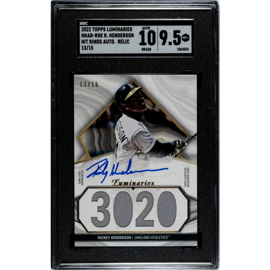 2022 Topps Luminaries #HKAR-RHE Rickey Henderson SGC 9.5 MINT+ MEM Auto 13/15 Oakland Athletics Baseball Card
