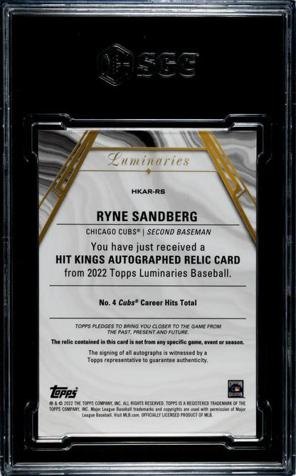 Ryne Sandberg autographed relic baseball card from 2022 Topps Luminaries, Sandberg SGC