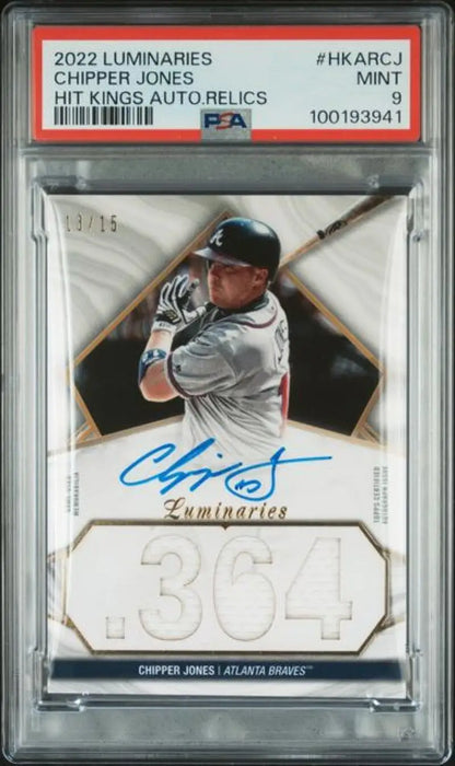 PSA-graded 2022 Topps Luminaries Chipper Jones baseball card with autograph and jersey number