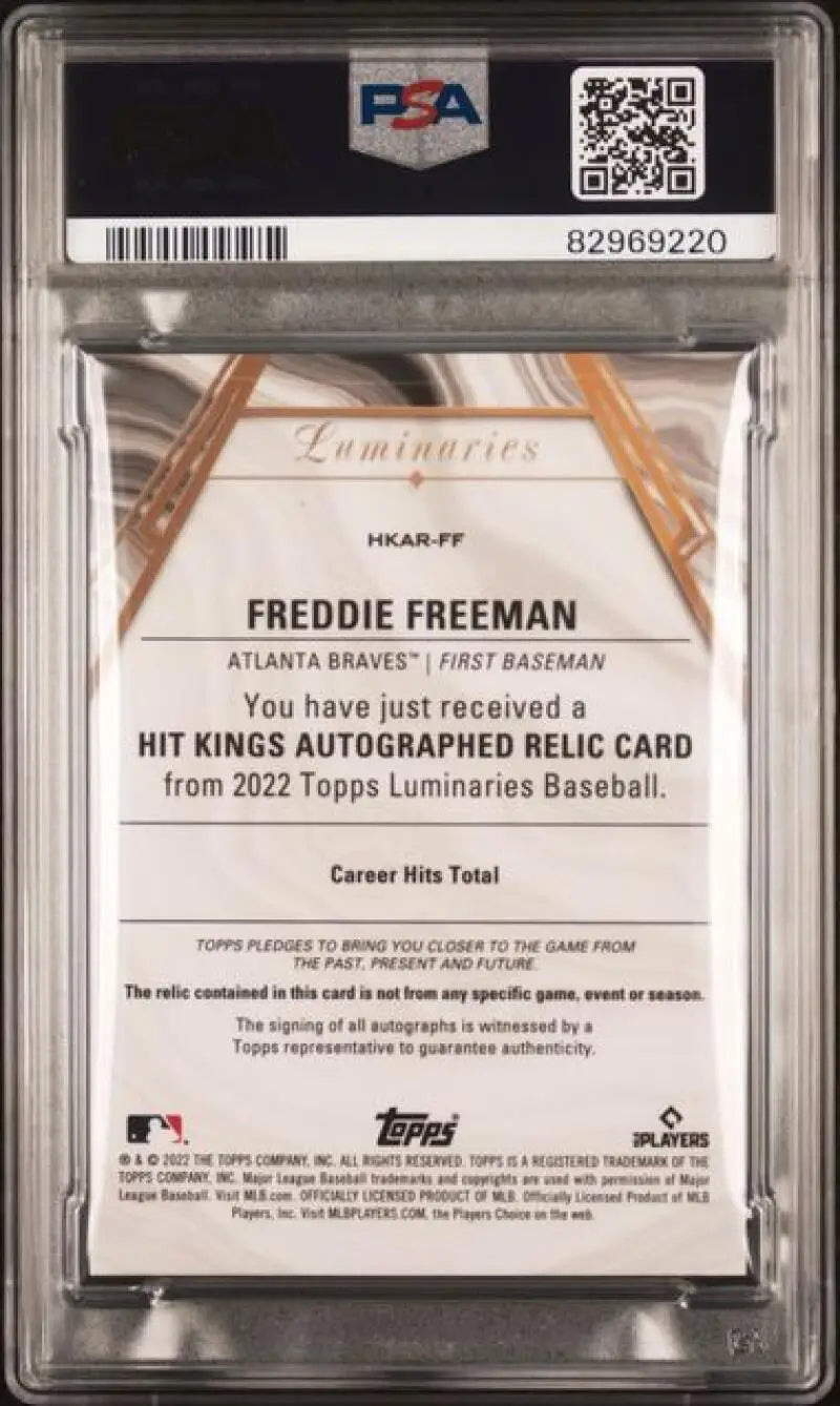 PSA-graded back of Freddie Freeman autographed relic card from 2022 Topps Luminaries Baseball