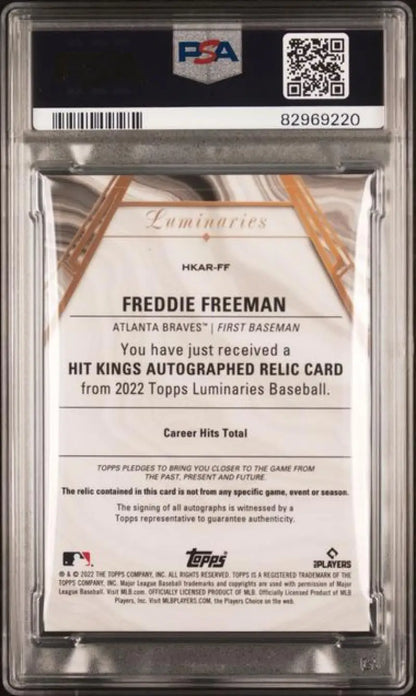 PSA-graded back of Freddie Freeman autographed relic card from 2022 Topps Luminaries Baseball