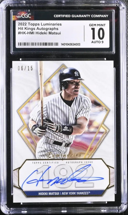 Graded baseball card featuring Hideki Matsui’s autographed image in pinstripes