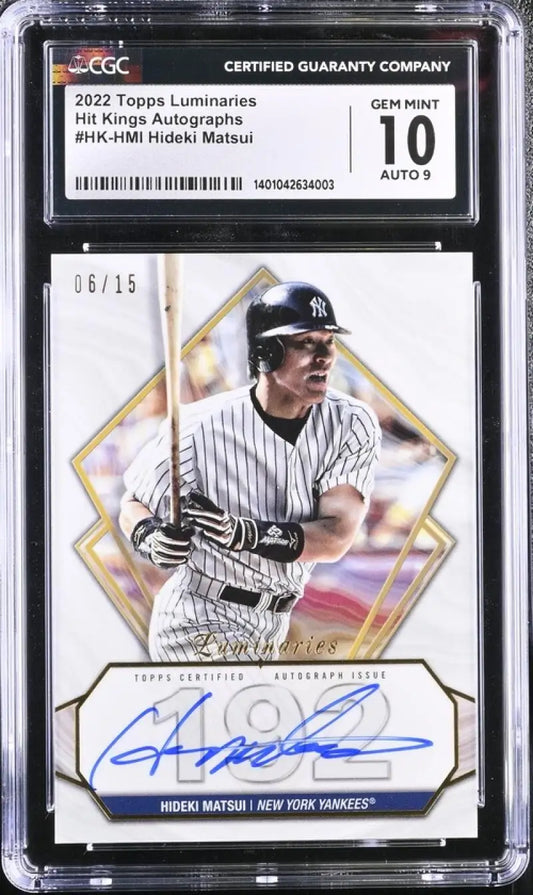 Graded baseball card featuring Hideki Matsui’s autographed image in pinstripes