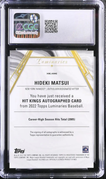 Hideki Matsui autographed baseball card redemption certificate for 2022 Topps Luminaries gem auto