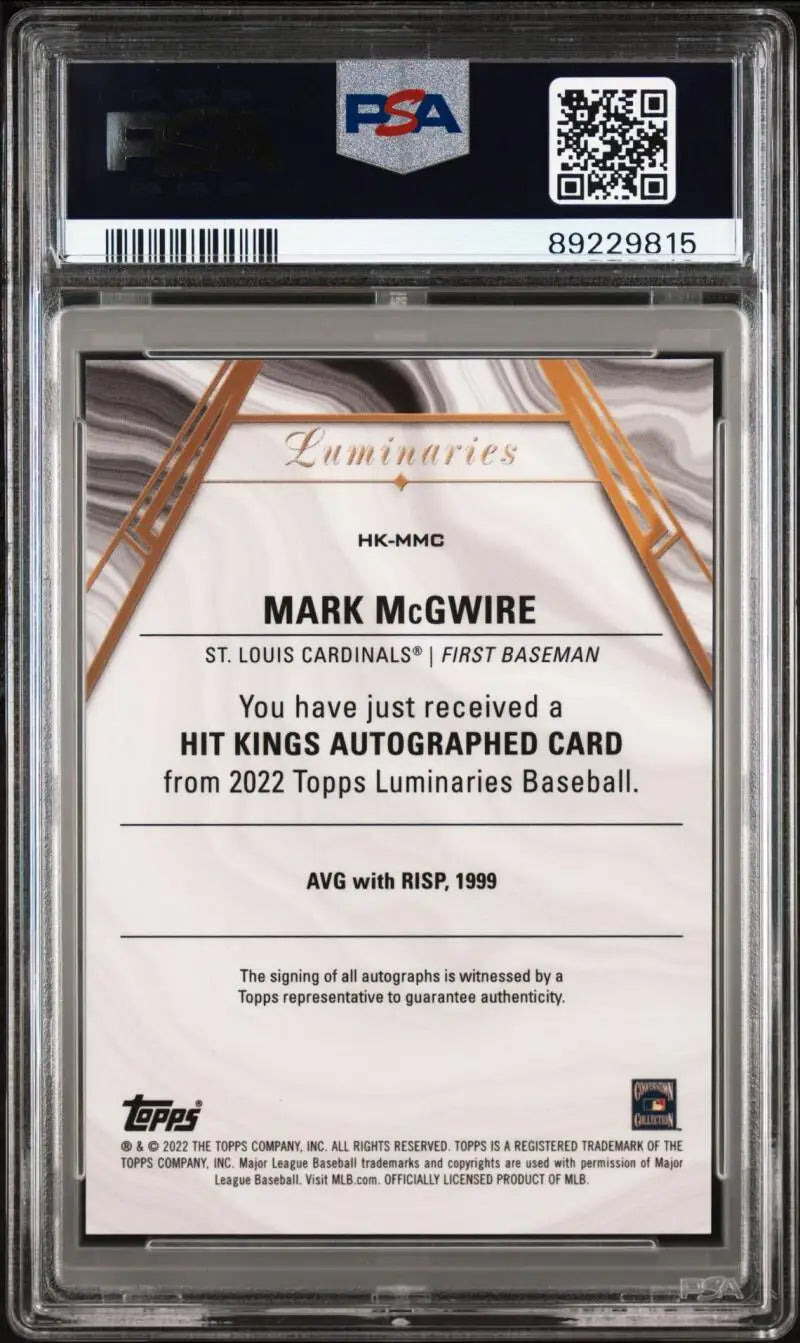 Graded Mark McGwire baseball card from 2022 Topps Luminaries HKMMC Mark McGwire PSA 8