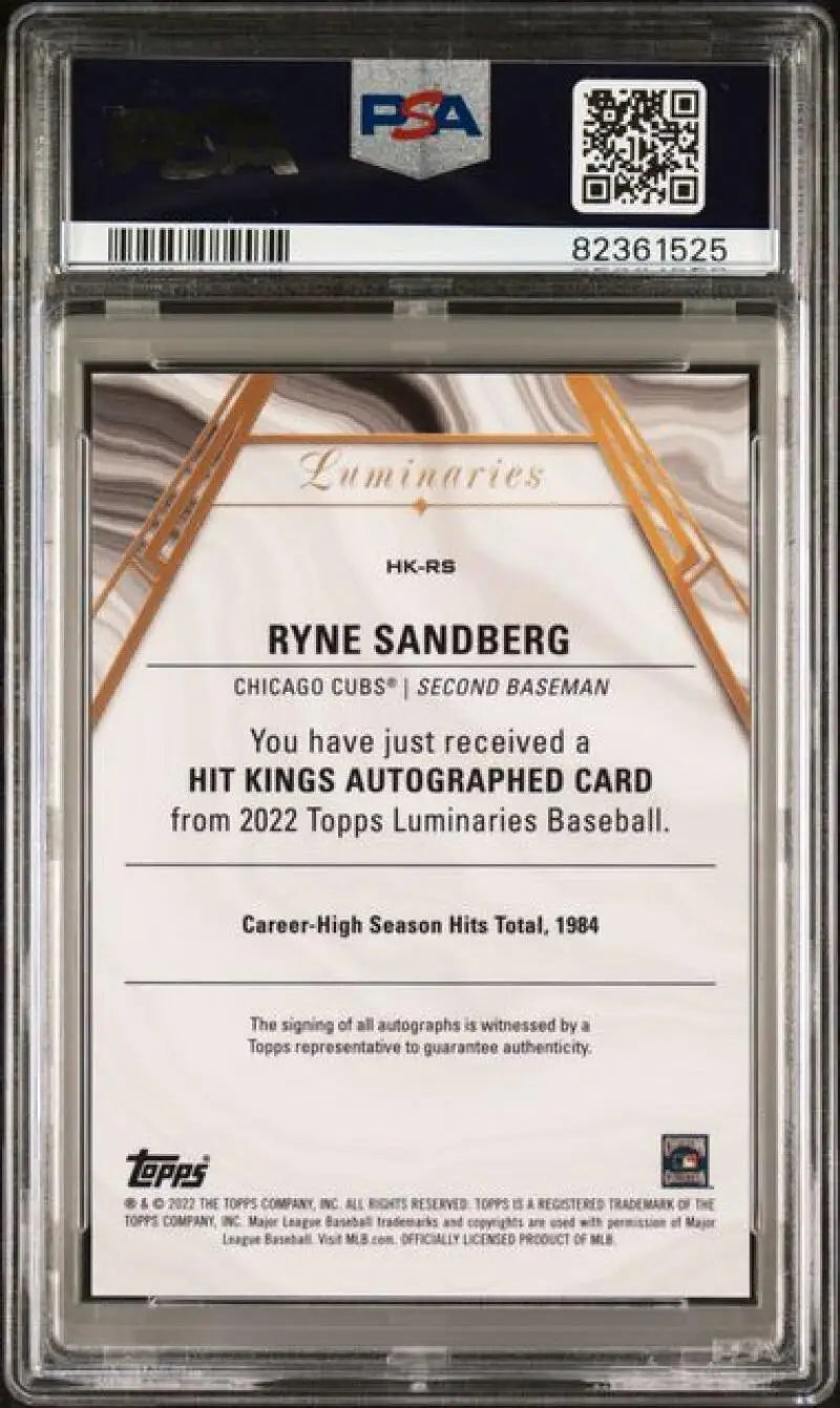 2022 Topps Luminaries #HKRS Ryne Sandberg PSA 10 GEM MINT Auto 8/10 Chicago Cubs Baseball Card