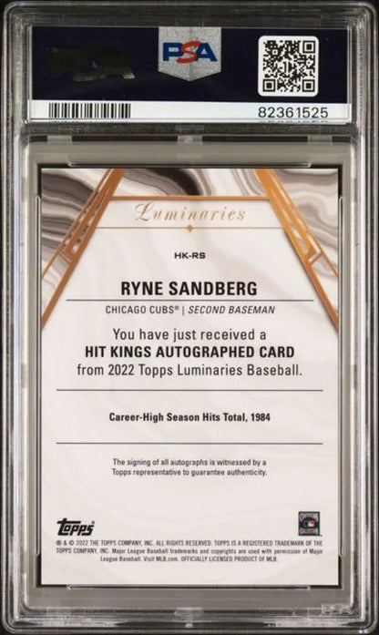 2022 Topps Luminaries #HKRS Ryne Sandberg PSA 10 GEM MINT Auto 8/10 Chicago Cubs Baseball Card
