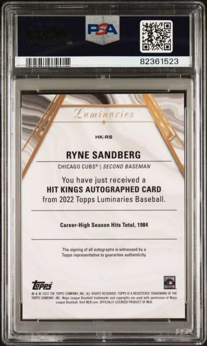 2022 Topps Luminaries #HKRS Ryne Sandberg PSA 9 MINT Auto 15/15 Chicago Cubs Baseball Card