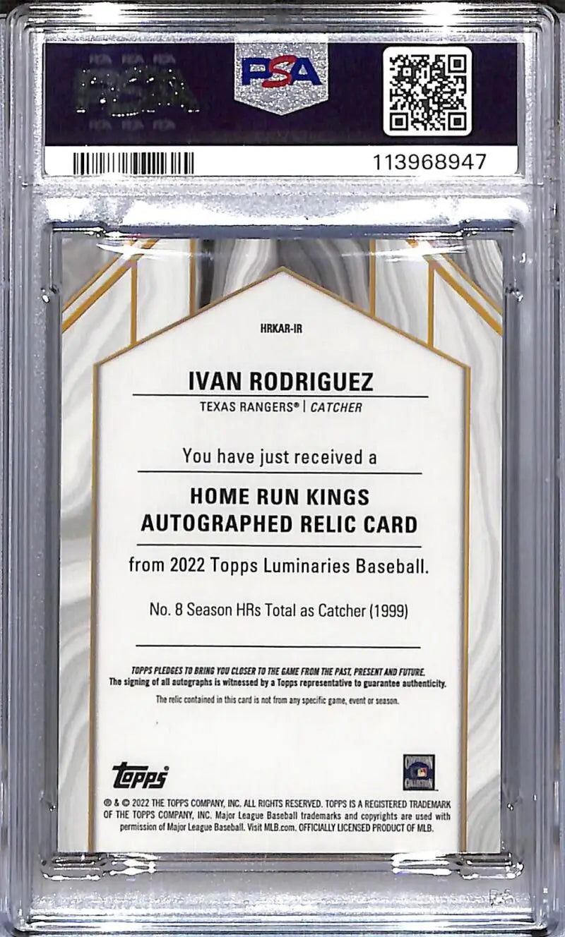 Graded Ivan Rodriguez baseball card from Topps Luminaries Home Run Kings Blue series