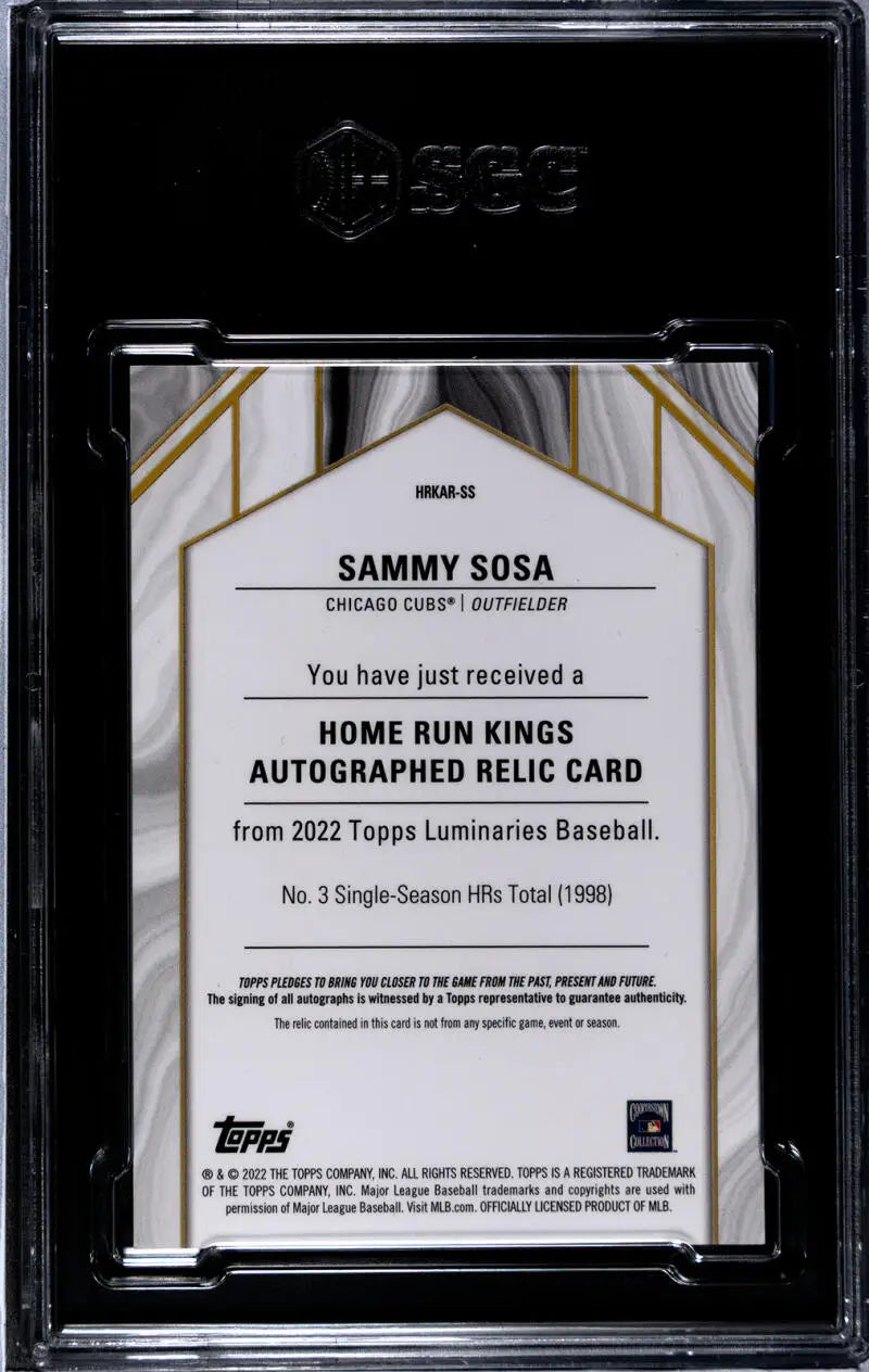 Back side of 2022 Topps Luminaries Home Run Kings Sammy Sosa autographed card