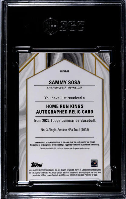 Back side of 2022 Topps Luminaries Home Run Kings Sammy Sosa autographed card