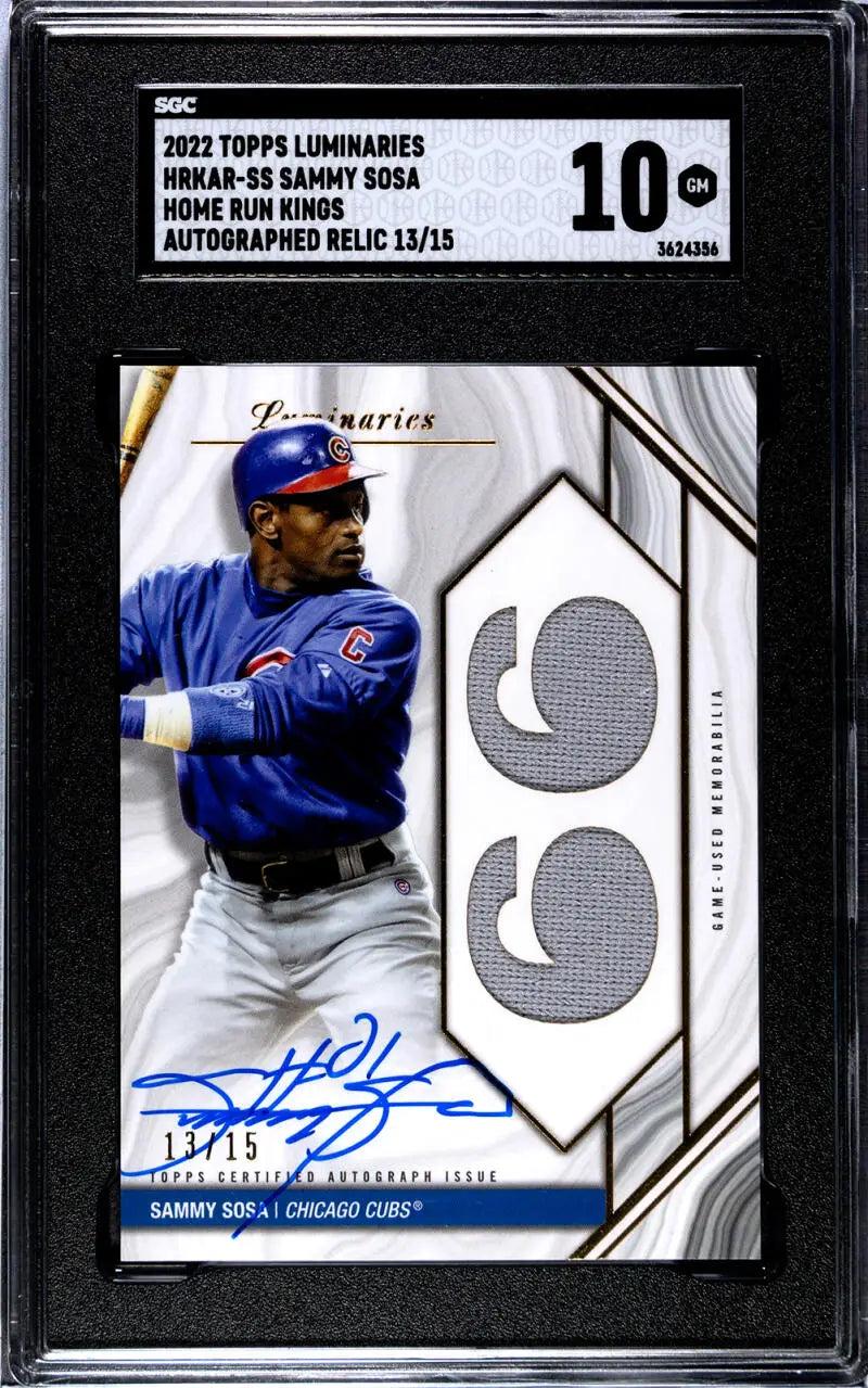 Graded 2022 Topps Luminaries Home Run Kings Sammy Sosa Chicago Cubs card with jersey swatches