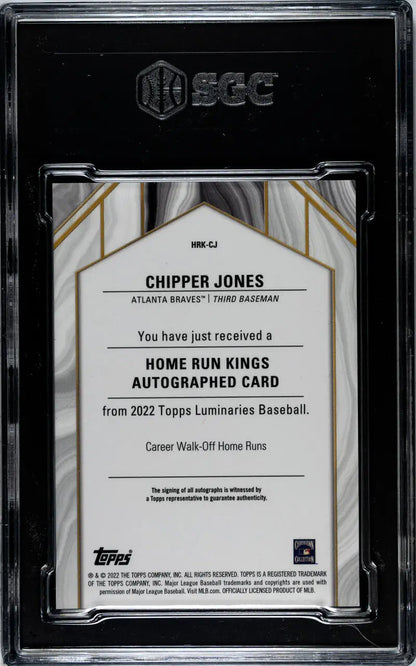 Back of 2022 Topps Luminaries Chipper Jones Home Run Kings card in protective case