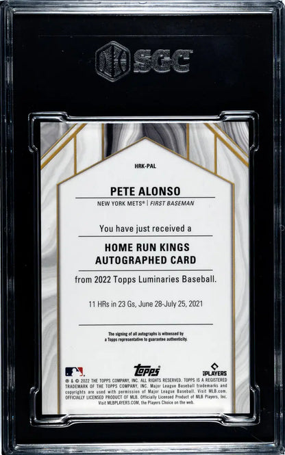 Graded Pete Alonso autographed baseball card featuring New York Mets player memorabilia