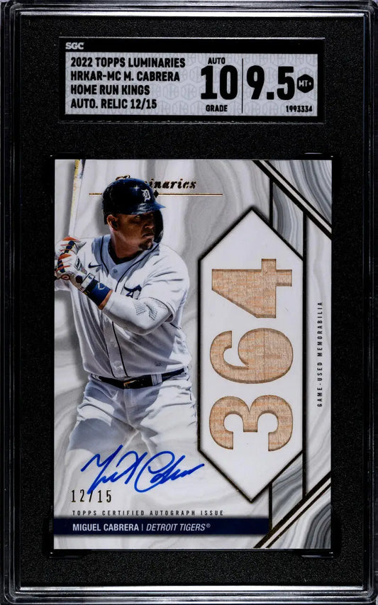 Graded Miguel Cabrera Detroit Tigers baseball card with jersey patch numbered 12/15