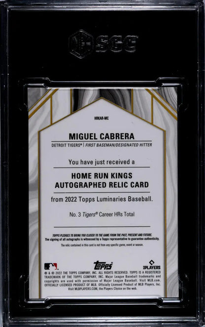 Miguel Cabrera Detroit Tigers Home Run Kings autographed relic card from 2022 Topps Luminaries