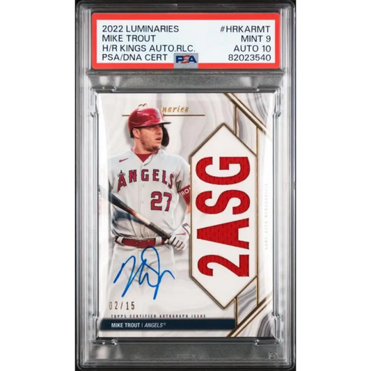 2022 Topps Luminaries #HRKARMT Mike Trout PSA 9 MINT MEM Auto 2/15 Anaheim Angels Baseball Card