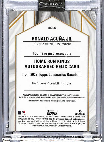 Baseball card relic of Ronald Acuna featuring autographed Topps Luminaries insert