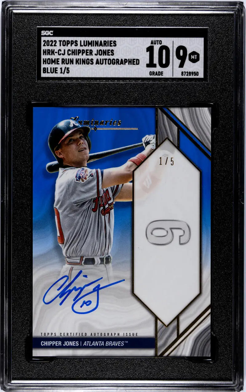 Graded baseball card of Chipper Jones, Atlanta Braves, with autograph and blue design