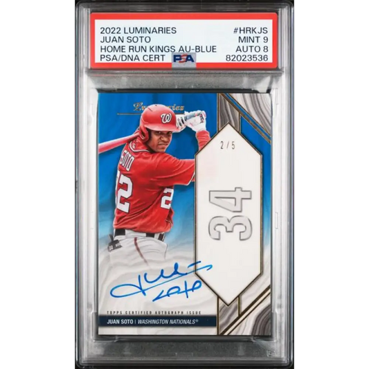 2022 Topps Luminaries #HRKJS Juan Soto PSA 9 MINT Auto 2/5 Washington Nationals Baseball Card