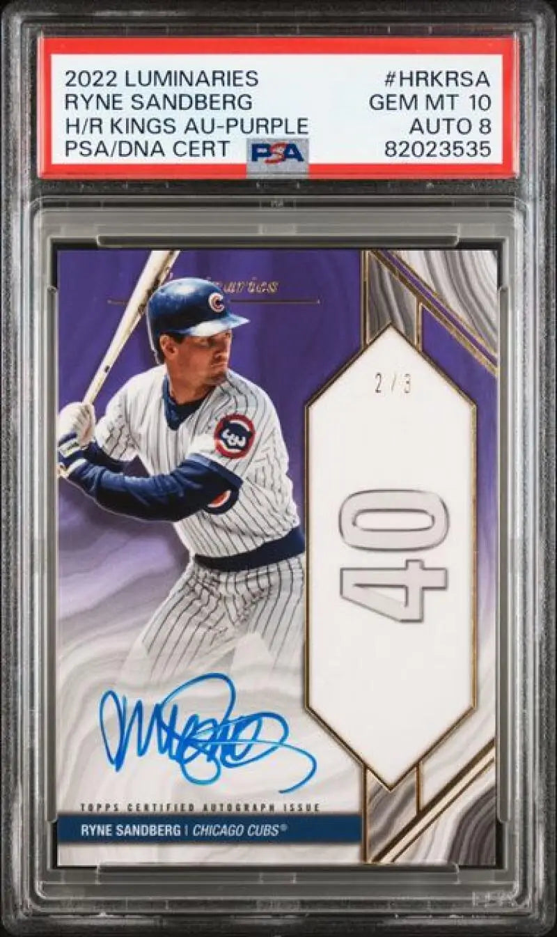 2022 Topps Luminaries #HRKRSA Ryne Sandberg PSA 10 GEM MINT Auto 2/3 Chicago Cubs Baseball Card