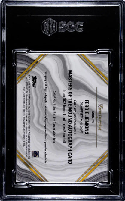 Graded card holder featuring Fergie Jenkins 2022 Topps Luminaries Chicago Cubs card