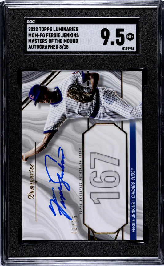 Graded 2022 Topps Luminaries Fergie Jenkins Auto 16 Chicago Cubs card in case