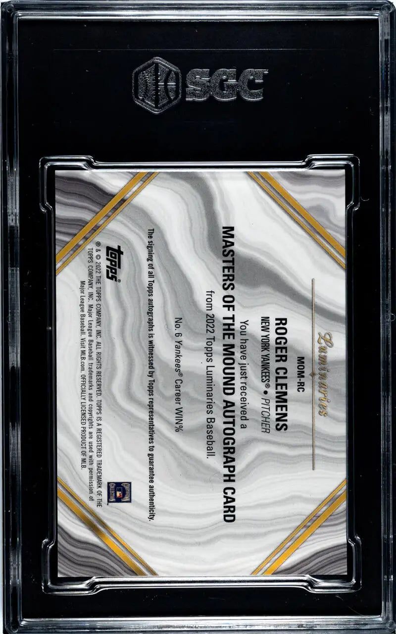 Clear plastic card holder with gold corners for Topps Luminaries Roger Clemens baseball card