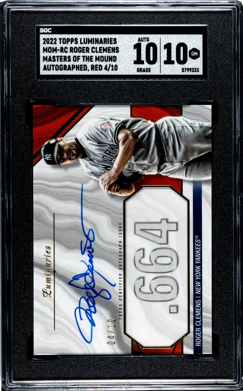 Graded 2022 Topps Luminaries Roger Clemens SGC 10 Gem Auto baseball card in protective case