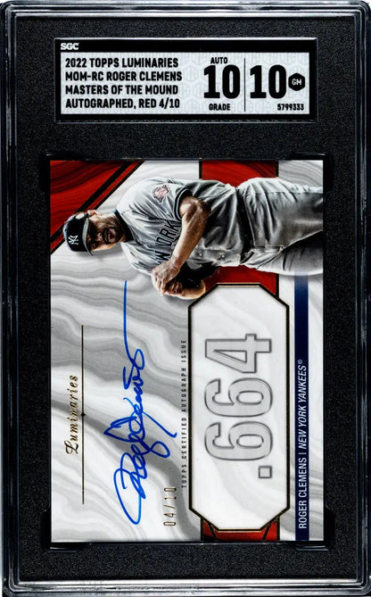 Graded 2022 Topps Luminaries Roger Clemens SGC 10 Gem Auto baseball card in protective case