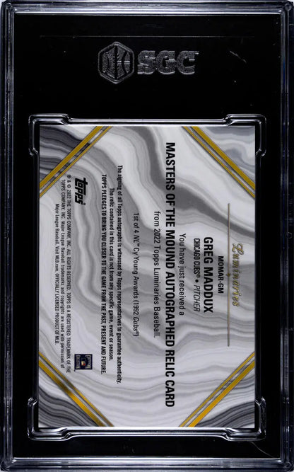 BGS-graded 2022 Topps Luminaries Greg Maddux Chicago Cubs card in gold-accented case