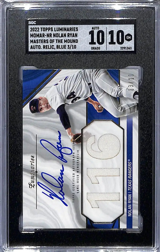 Graded 2022 Topps Luminaries Nolan Ryan autographed relic baseball card featuring Texas Rangers memorabilia