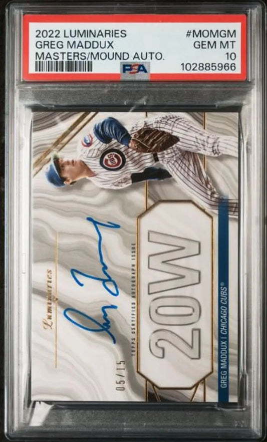 Graded Greg Maddux Chicago Cubs baseball card in gem mint condition from 2022 Topps Luminaries