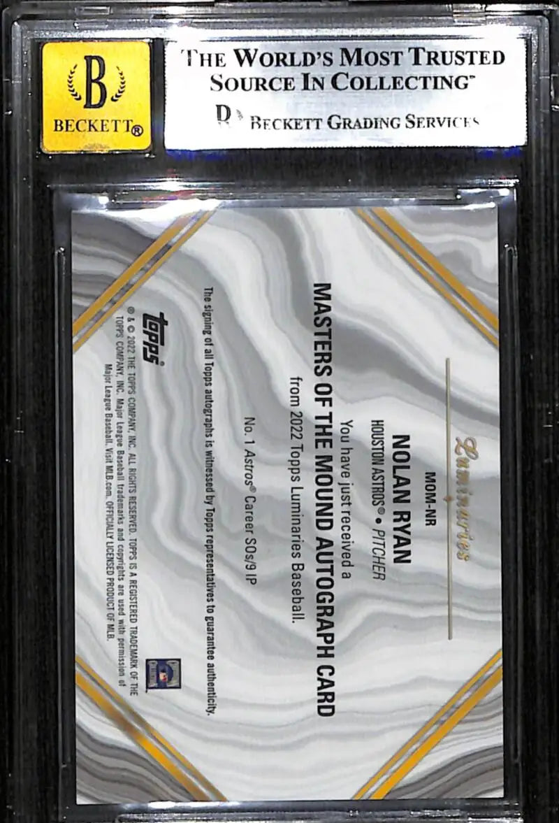 Beckett grading service case featuring 2022 Topps Luminaries Nolan Ryan Houston Astros baseball card