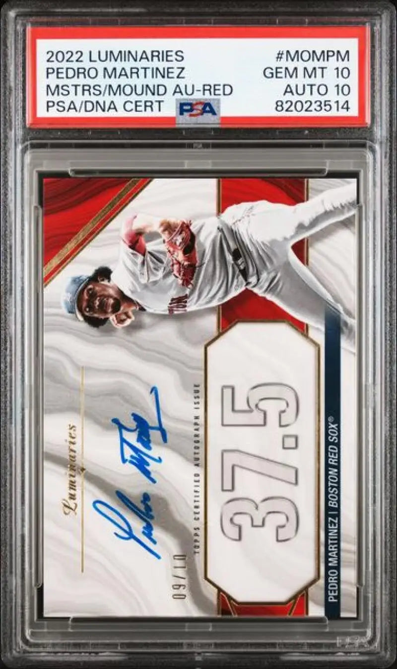 Graded Pedro Martinez baseball card from 2022 Topps Luminaries featuring Red Sox memorabilia