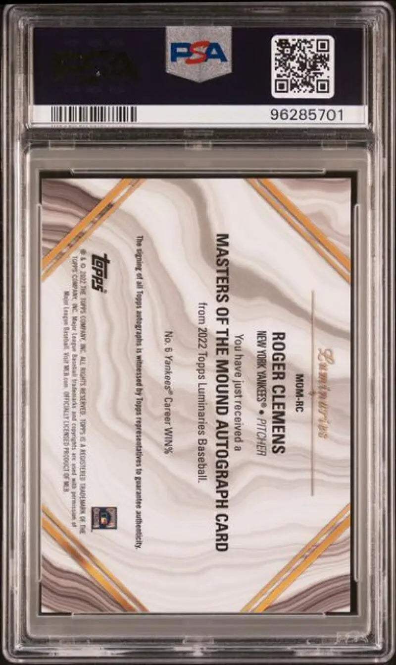 Back view of 2022 Topps Luminaries Roger Clemens PSA 9 MINT Auto New York Yankees card