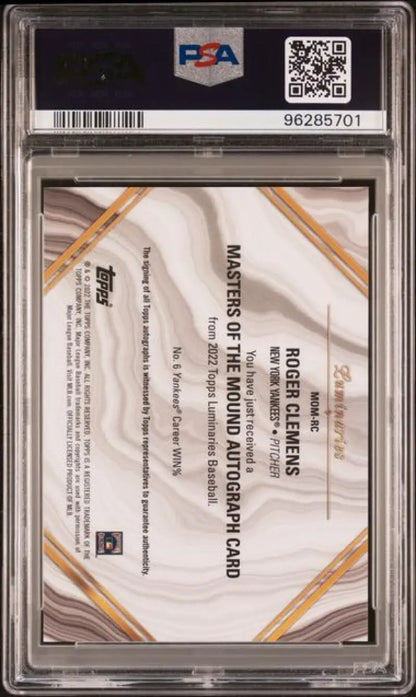 Back view of 2022 Topps Luminaries Roger Clemens PSA 9 MINT Auto New York Yankees card