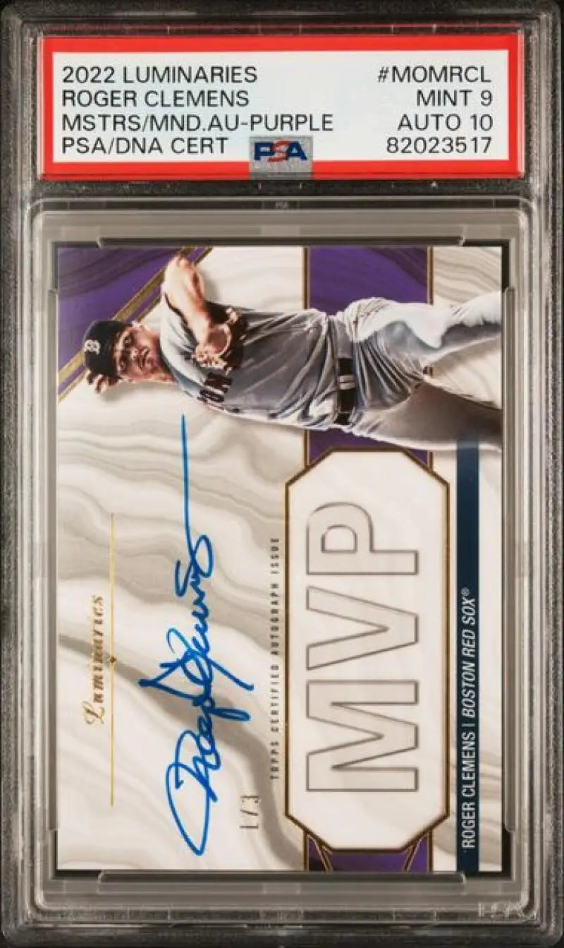 PSA-graded 2022 Topps Luminaries Roger Clemens Auto 1/3 Boston Red Sox card with memorabilia